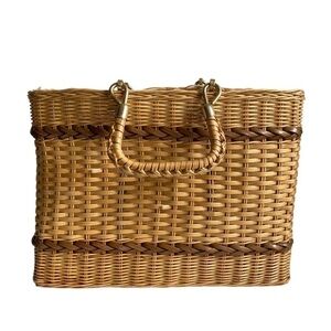 Vintage 60s Wicker Tote Bag Picnic Basket Retro Purse